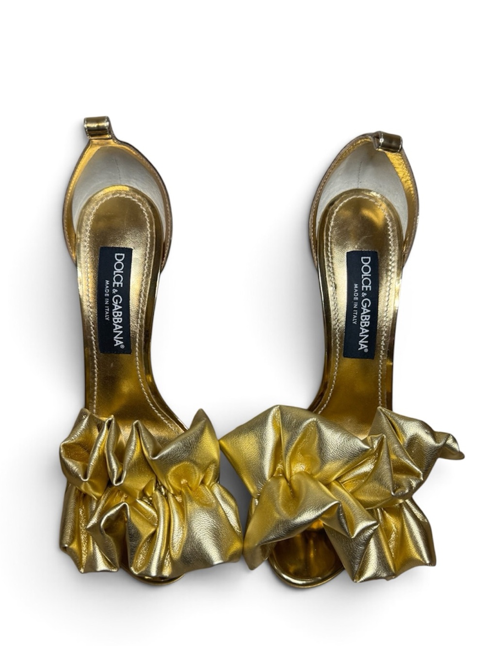DOLCE&GABBANA 105mm Mirror Effect Metallic Ruffle Ankle-Strap Sandals